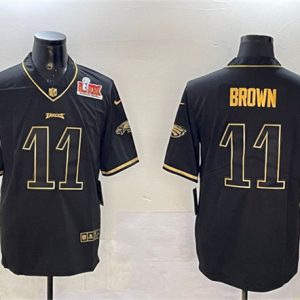 Philadelphia Eagles #11 A. J. Brown Black Gold 2025 Super Bowl LIX Patch Salute To Service Vapor Untouchable Limited Stitched Jersey