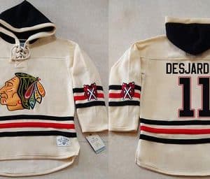 Blackhawks #11 Andrew Desjardins Cream Heavyweight Pullover Hoodie Stitched NHL Jersey