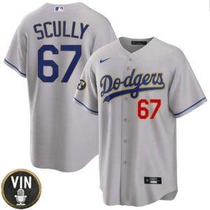 Los Angeles Dodgers #67 Vin Scully 2022 Grey Vin Scully Patch Cool Base Stitched Jersey