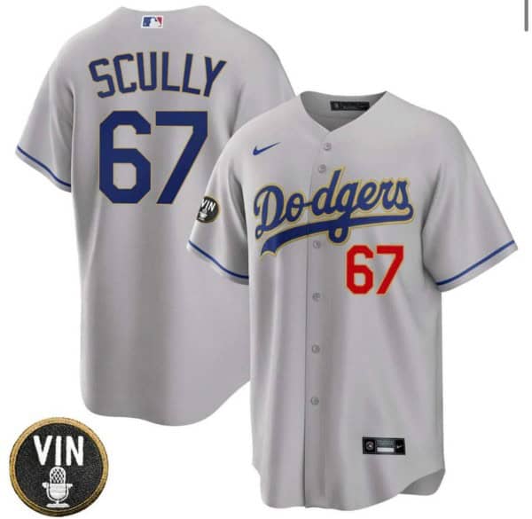 Los Angeles Dodgers #67 Vin Scully 2022 Grey Vin Scully Patch Cool Base Stitched Jersey