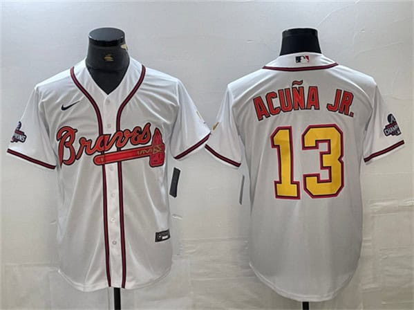 Atlanta Braves #13 Ronald Acuna Jr. White Gold World Series Champions Cool Base Stitched Jersey