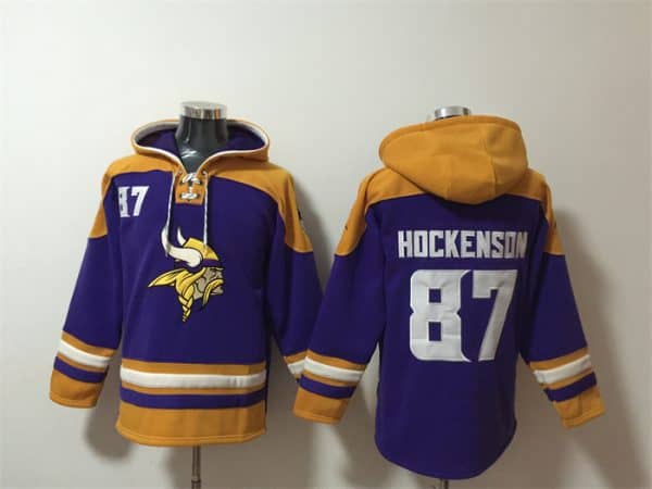 Minnesota Vikings #87 T.J. Hockenson Purple Yellow Ageless Must-Have Lace-Up Pullover Hoodie