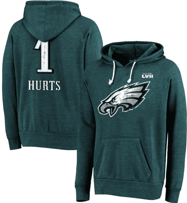 Philadelphia Eagles #1 Jalen Hurts Midnight Green Super Bowl LVII Name Number Pullover Hoodie