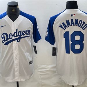 Los Angeles Dodgers #18 Yoshinobu Yamamoto White Blue Vin Patch Cool Base Stitched Jersey