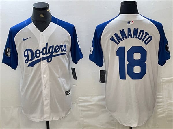 Los Angeles Dodgers #18 Yoshinobu Yamamoto White Blue Vin Patch Cool Base Stitched Jersey