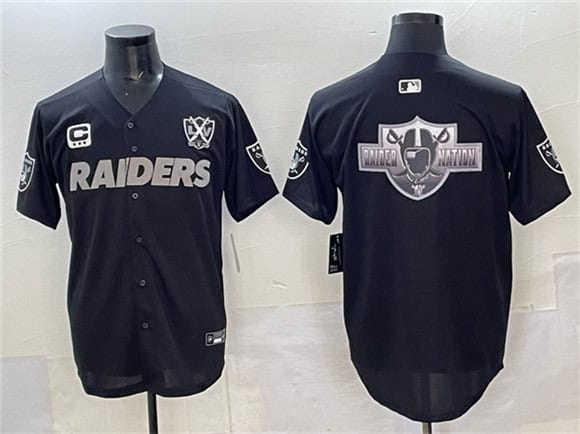 Las Vegas Raiders Team Big Logo Black With Nevada Silver Stat Patch And 65th Anniversary Patch 3-Star C Patch Stitched Jersey