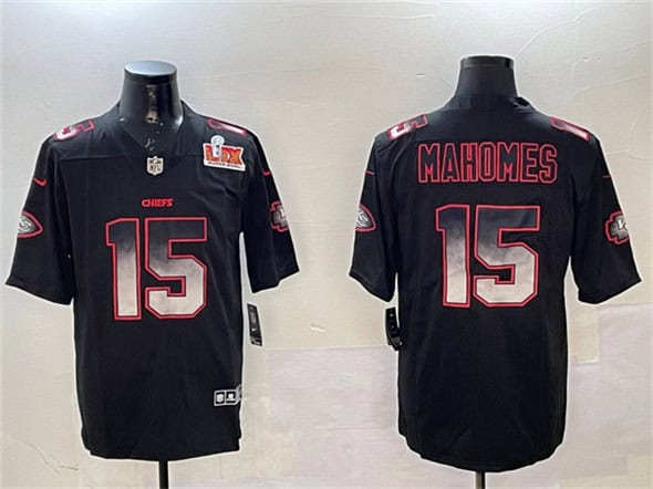 Kansas City Chiefs #15 Patrick Mahomes Black 2025 Super Bowl LIX Patch Smoke Fashion Vapor Limited Stitched Jersey