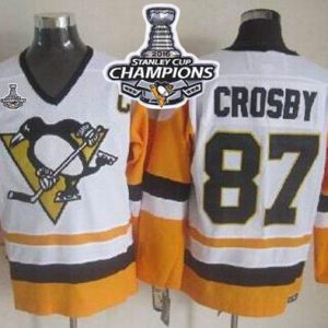 Penguins #87 Sidney Crosby White Black CCM Throwback 2016 Stanley Cup Champions Stitched Jersey