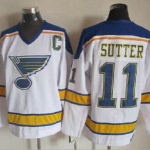 Blues #11 Brian Sutter White Yellow CCM Throwback Stitched Jersey