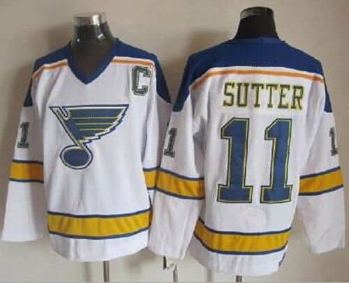 Blues #11 Brian Sutter White Yellow CCM Throwback Stitched Jersey