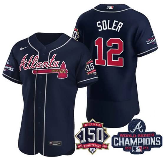 Atlanta Braves #12 Jorge Soler 2021 Navy World Series Champions With 150th Anniversary Flex Base Stitched Jersey