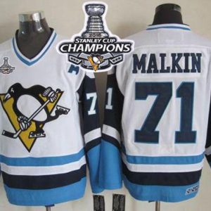 Penguins #71 Evgeni Malkin White Blue CCM Throwback 2016 Stanley Cup Champions Stitched Jersey