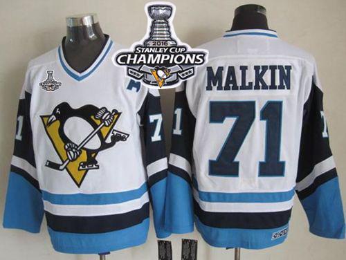 Penguins #71 Evgeni Malkin White Blue CCM Throwback 2016 Stanley Cup Champions Stitched Jersey