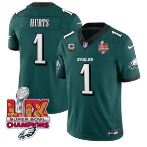 Philadelphia Eagles #1 Jalen Hurts Green 2025 Eagles Logo Super Bowl LIX Patch With 4-Star C Patch New F.U.S.E. Vapor Untouchable Limited Stitched Jersey