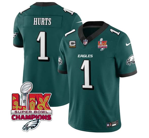 Philadelphia Eagles #1 Jalen Hurts Green 2025 Eagles Logo Super Bowl LIX Patch With 4-Star C Patch New F.U.S.E. Vapor Untouchable Limited Stitched Jersey