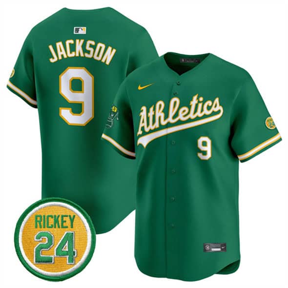 Oakland Athletics #9 Reggie Jackson Green 2024 Limited With Rickey Henderson Patch Stitched Jersey