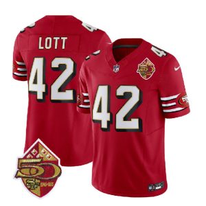 San Francisco 49ers #42 Ronnie Lott Red 2023 F.U.S.E. 50th Patch Throwback Stitched Jersey