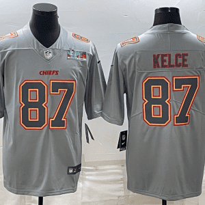 Kansas City Chiefs #87 Travis Kelce Gray Super Bowl LVII Patch Atmosphere Fashion Stitched Jersey