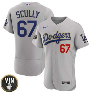 Los Angeles Dodgers #67 Vin Scully 2022 Gray Vin Scully Patch Flex Base Stitched Baseball Jersey