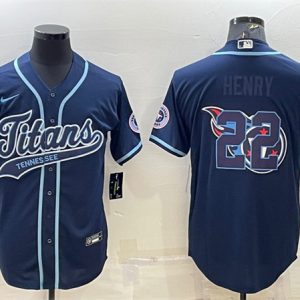 Tennessee Titans #22 Derrick Henry Navy Team Big Logo With Patch Cool Base Stitched Baseball Jersey