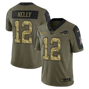 Buffalo Bills #12 Jim Kelly 2021 Olive Camo Salute To Service Limited Stitched Jersey