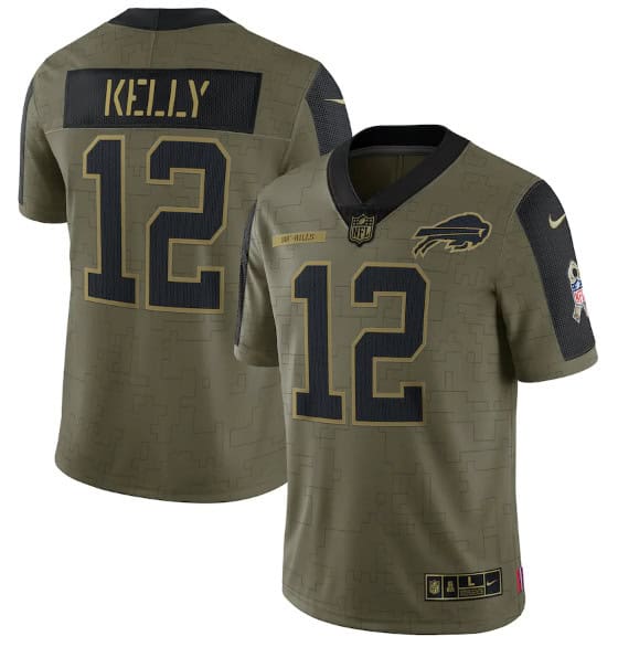Buffalo Bills #12 Jim Kelly 2021 Olive Salute To Service Limited Stitched Jersey