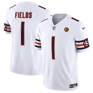 Chicago Bears #1 Justin Fields White 2023 F.U.S.E. With John Madden Patch Vapor Limited Stitched Jersey