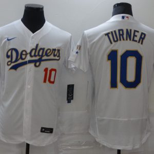 Los Angeles Dodgers #10 Justin Turner White Gold Championship Flex Base Sttiched Jersey