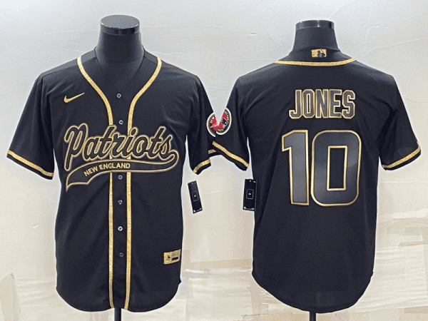 New England Patriots #10 Mac Jones Black Gold With Patch Cool Base Stitched Baseball Jersey