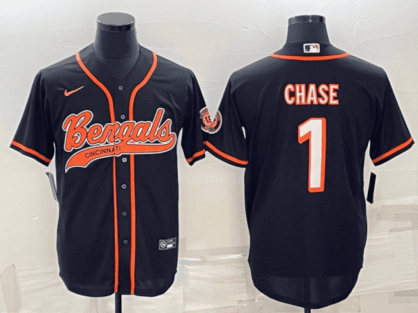 Cincinnati Bengals #1 Ja'Marr Chase Black With Patch Cool Base Stitched Baseball Jersey