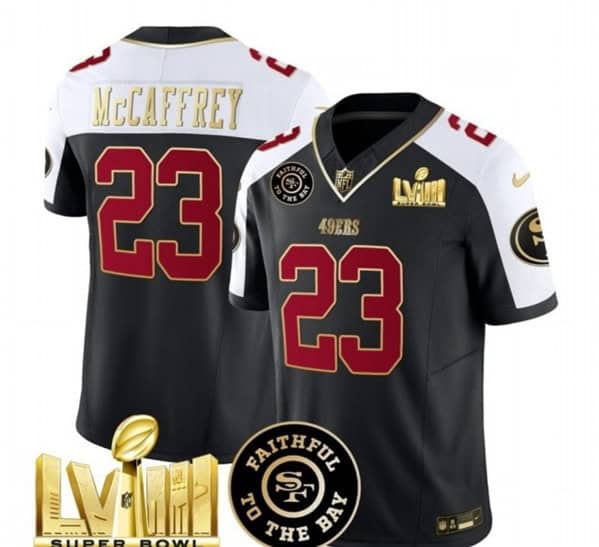 San Francisco 49ers #23 Christian McCaffrey Black White 2024 F.U.S.E. Super Bowl LVIII Patch Alternate Vapor Limited Stitched Jersey