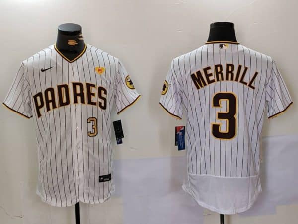 San Diego Padres #3 Jackson Merrill White With PS Patch Flex Base Stitched Jersey