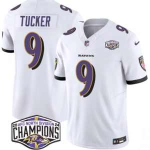 Baltimore Ravens #9 Justin Tucker White F.U.S.E. 2024 AFC North Division Champions Vapor Limited Jersey