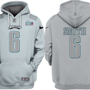Philadelphia Eagles #6 DeVonta Smith Gray Atmosphere Fashion Super Bowl LVII Patch Pullover Hoodie