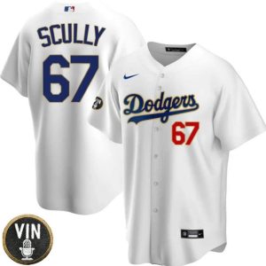 Los Angeles Dodgers #67 Vin Scully 2022 White Vin Scully Patch Cool Base Stitched Jersey