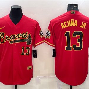 Atlanta Braves #13 Ronald Acuna Jr. Red Gold Cool Base Stitched Baseball Jersey