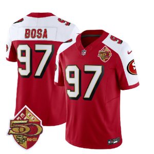 San Francisco 49ers #97 Nick Bosa Red White 2023 F.U.S.E. 50th Patch Throwback Stitched Jersey