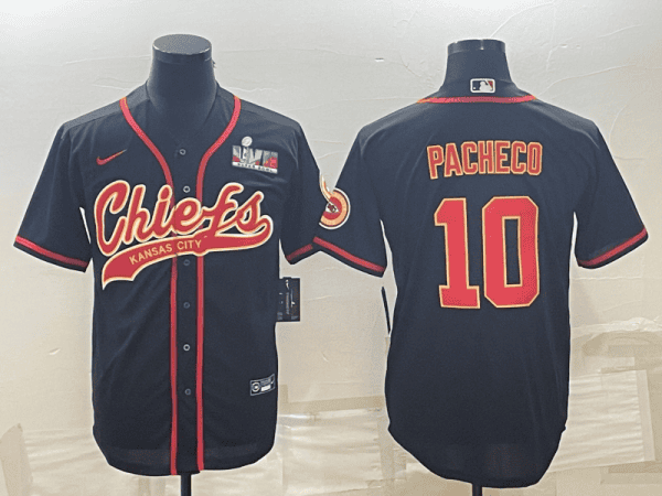 Kansas City Chiefs #10 Isiah Pacheco Black With Super Bowl LVII Patch Cool Base Stitched Baseball Jersey