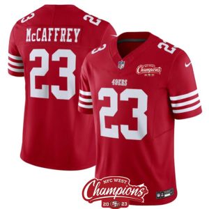 San Francisco 49ers #23 Christian McCaffrey Red 2023 F.U.S.E. NFC West Champions Patch Stitched Jersey
