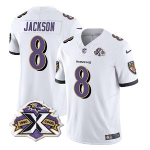 Baltimore Ravens #8 Lamar Jackson White 2023 F.U.S.E With Patch Throwback Vapor Limited Stitched Jersey