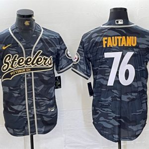 Pittsburgh Steelers #76 Troy Fautanu Gray Camo With Patch Cool Base Stitched Jersey