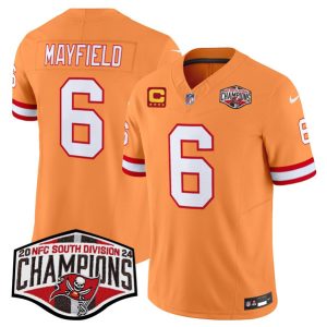 Tampa Bay Buccaneers #6 Baker Mayfield Orange 2024 F.U.S.E. NFC South Division Champions With 4-Star C Patch Limited Stitched Jersey