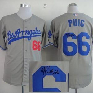 Dodgers #66 Yasiel Puig Grey Cool Base Autographed Stitched Jersey