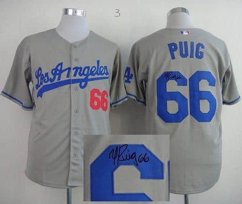 Dodgers #66 Yasiel Puig Grey Cool Base Autographed Stitched Jersey