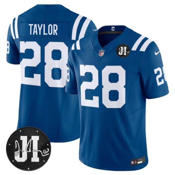Indianapolis Colts #28 Jonathan Taylor Blue 2025 F.U.S.E. Jim Irsay Patch Vapor Limited Stitched Jersey