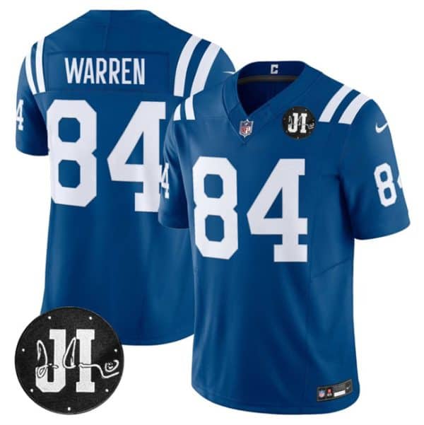 Indianapolis Colts #84 Tyler Warren Blue 2025 F.U.S.E. Jim Irsay Patch Vapor Limited Stitched Jersey