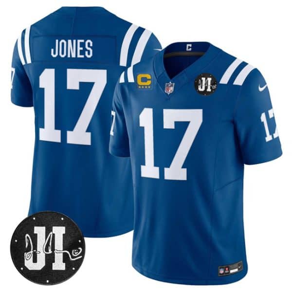 Indianapolis Colts #17 Daniel Jones Blue 2025 F.U.S.E. With 4-Star C Patch And Jim Irsay Patch Vapor Limited Stitched Jersey