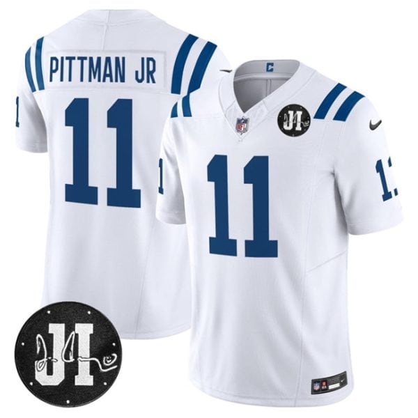 Indianapolis Colts #11 Michael Pittman Jr. White 2025 F.U.S.E. Jim Irsay Patch Vapor Limited Stitched Jersey