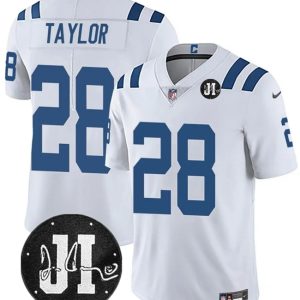 Indianapolis Colts #28 Jonathan Taylor White Jim Irsay Patch Vapor Limited Stitched Jersey