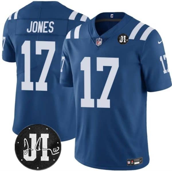 Indianapolis Colts #17 Daniel Jones Blue Jim Irsay Patch Vapor Limited Stitched Jersey